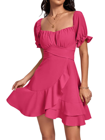 Square Neck Off-Shoulder Ruffle A-Line Mini Dress