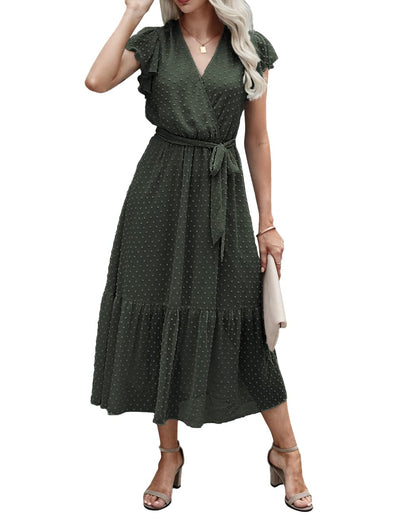 Women's Bohemian Floral Wrap V-Neck A-Line Midi Dress