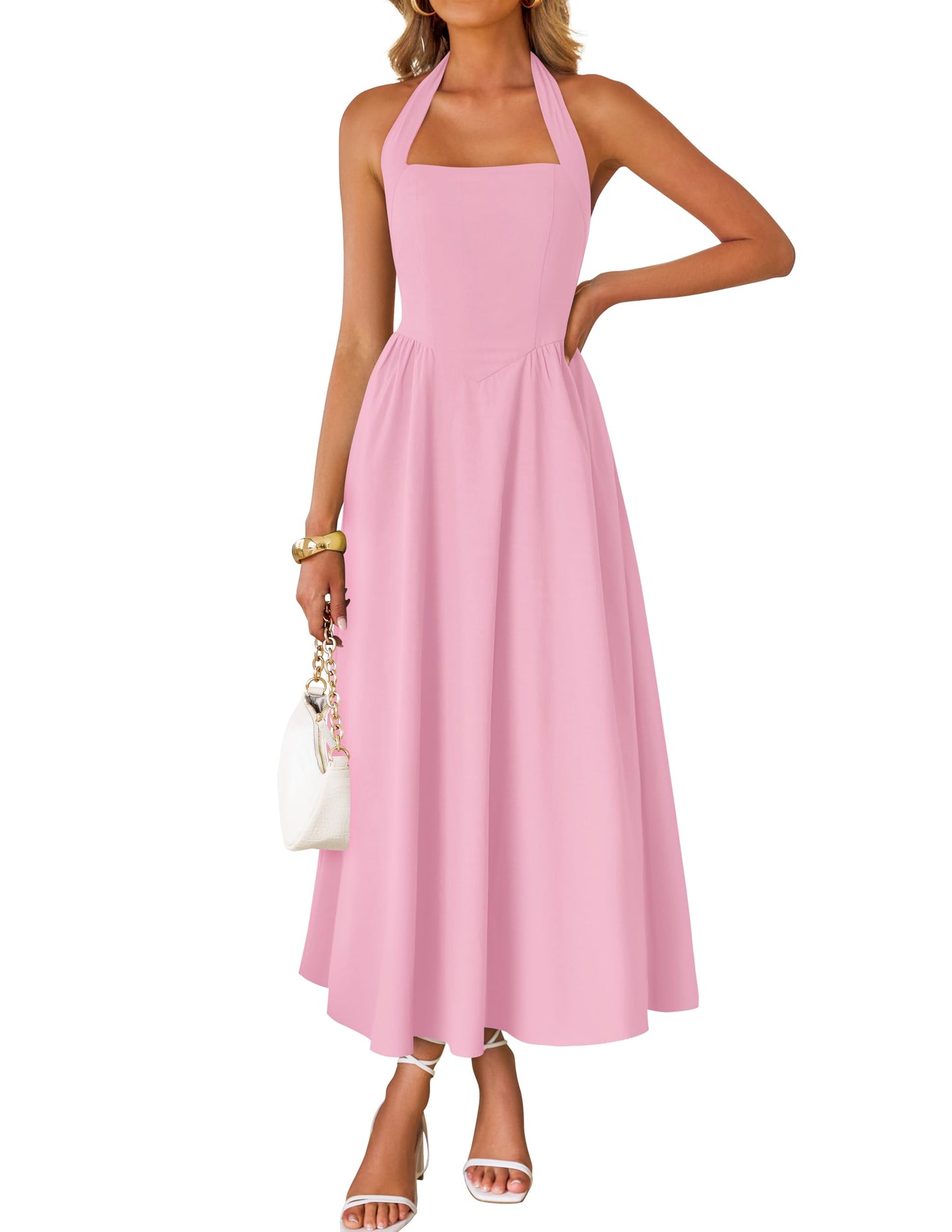 Women's Sleeveless Halter High Waist Flowy Midi Dress
