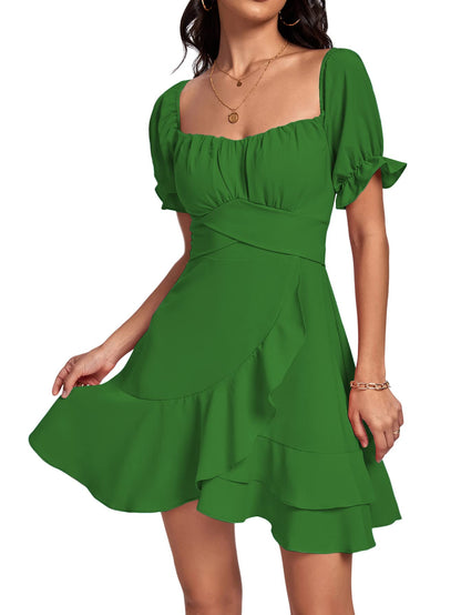 Square Neck Off-Shoulder Ruffle A-Line Mini Dress