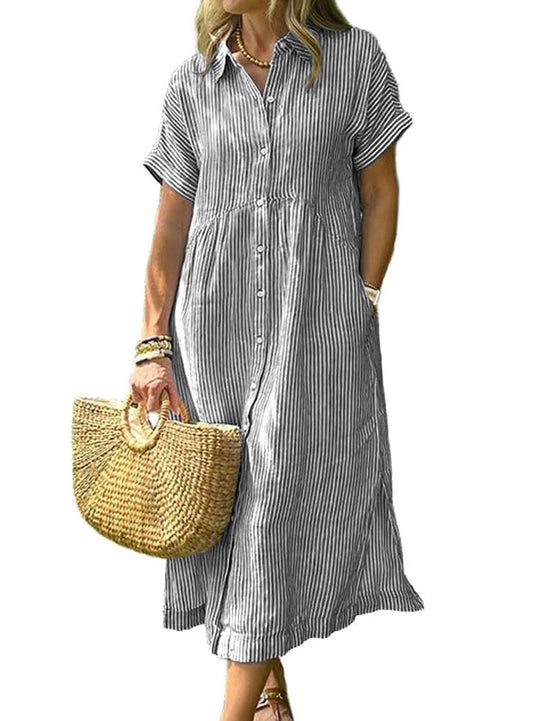 Striped Button-Down Short Sleeve Midi Shirt Dress