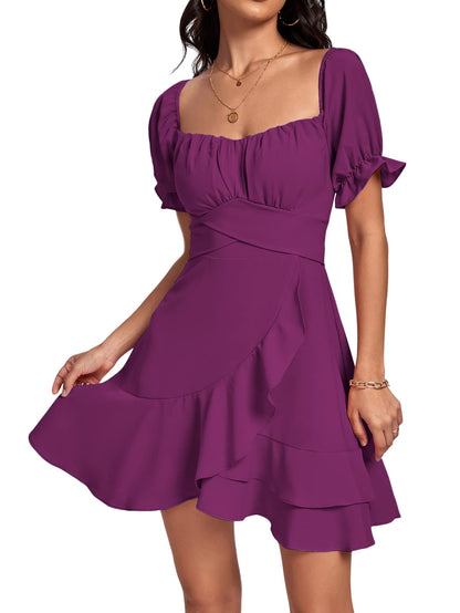 Square Neck Off-Shoulder Ruffle A-Line Mini Dress