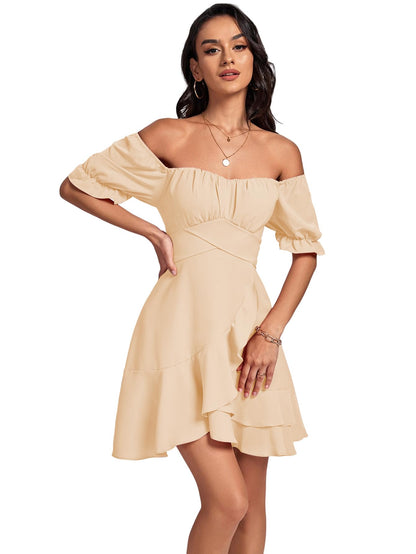 Square Neck Off-Shoulder Ruffle A-Line Mini Dress