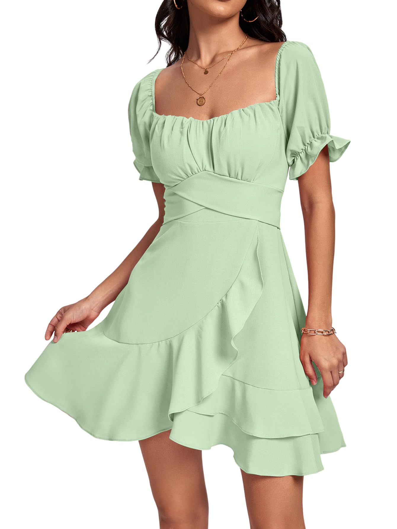 Square Neck Off-Shoulder Ruffle A-Line Mini Dress