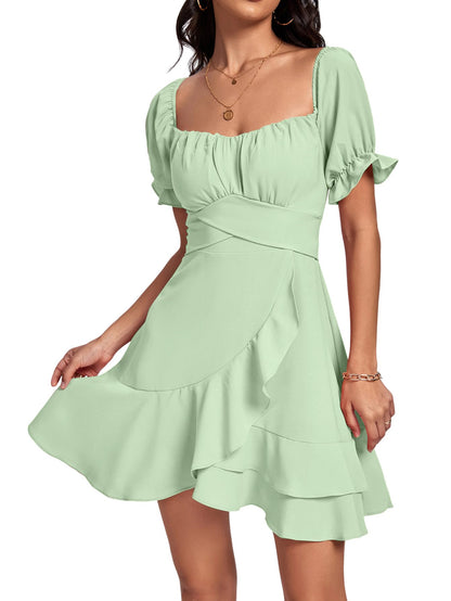 Square Neck Off-Shoulder Ruffle A-Line Mini Dress