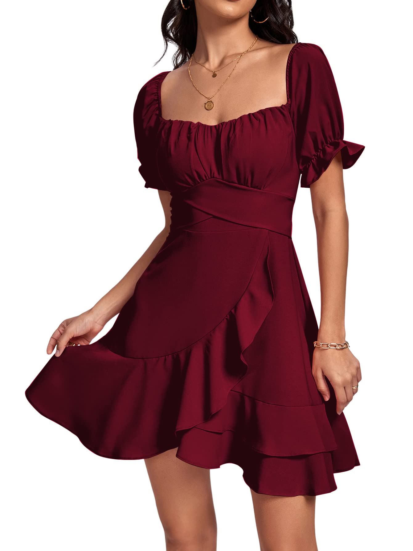 Square Neck Off-Shoulder Ruffle A-Line Mini Dress