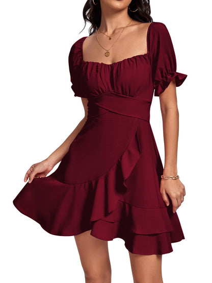 Square Neck Off-Shoulder Ruffle A-Line Mini Dress