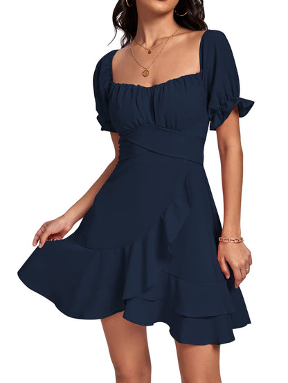 Square Neck Off-Shoulder Ruffle A-Line Mini Dress