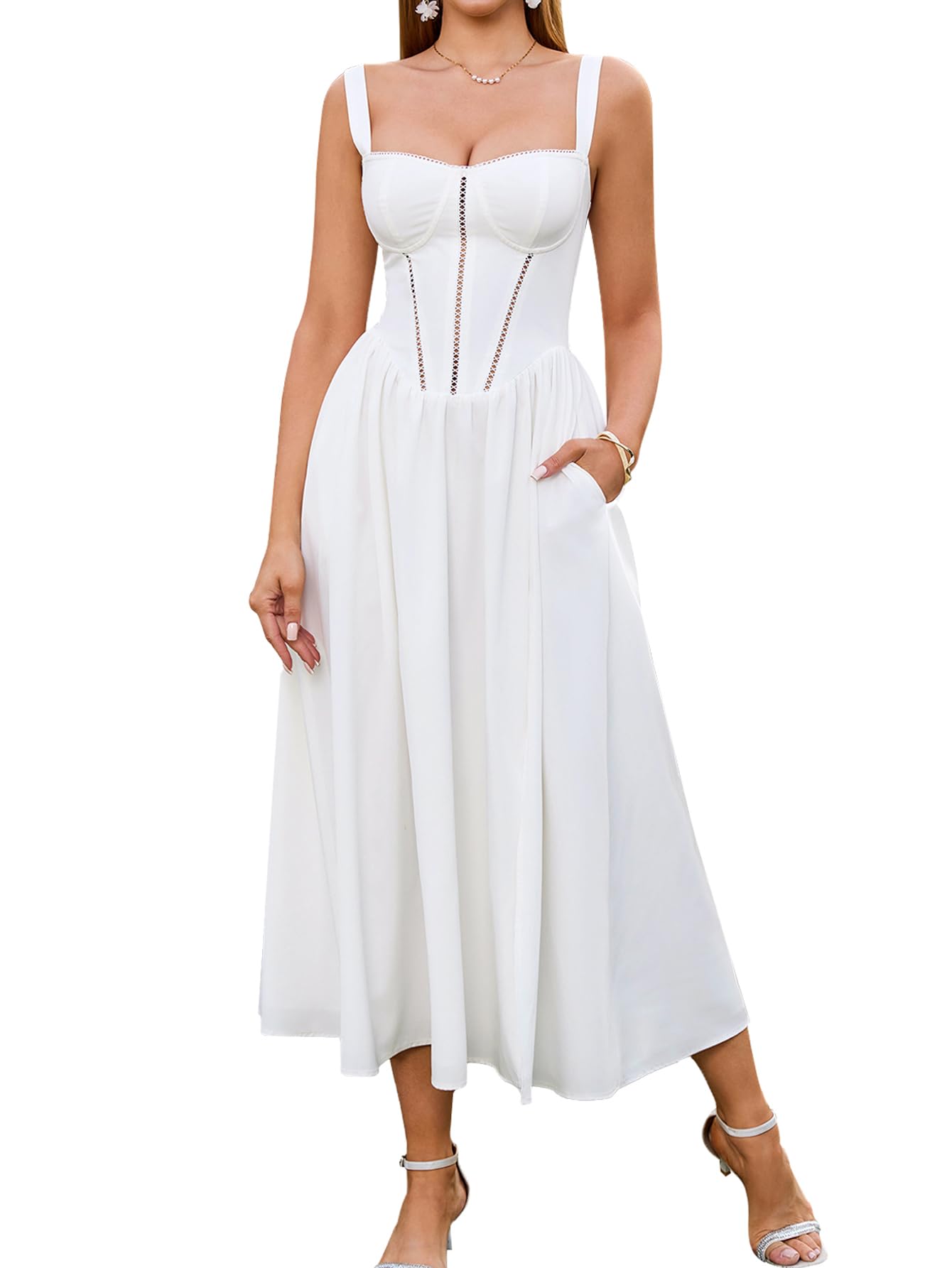 Women's Floral Corset Midi Dress with Slit and Pockets