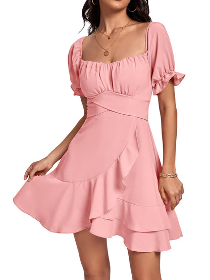 Square Neck Off-Shoulder Ruffle A-Line Mini Dress