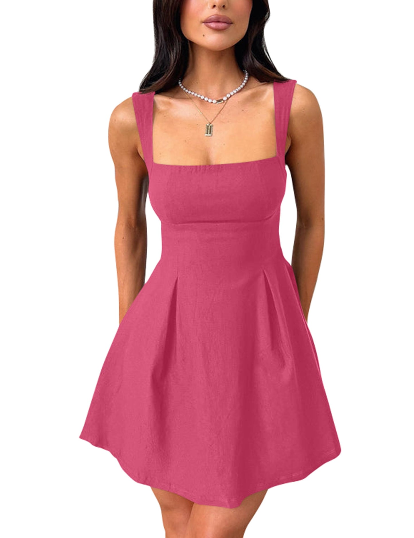 Women's Square Neck A-Line Mini Dress with Bow Tie Straps