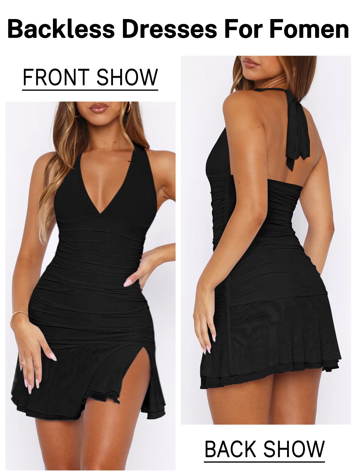 Women's Halter Deep V Ruched Bodycon Mini Dress with Slit