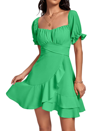 Square Neck Off-Shoulder Ruffle A-Line Mini Dress