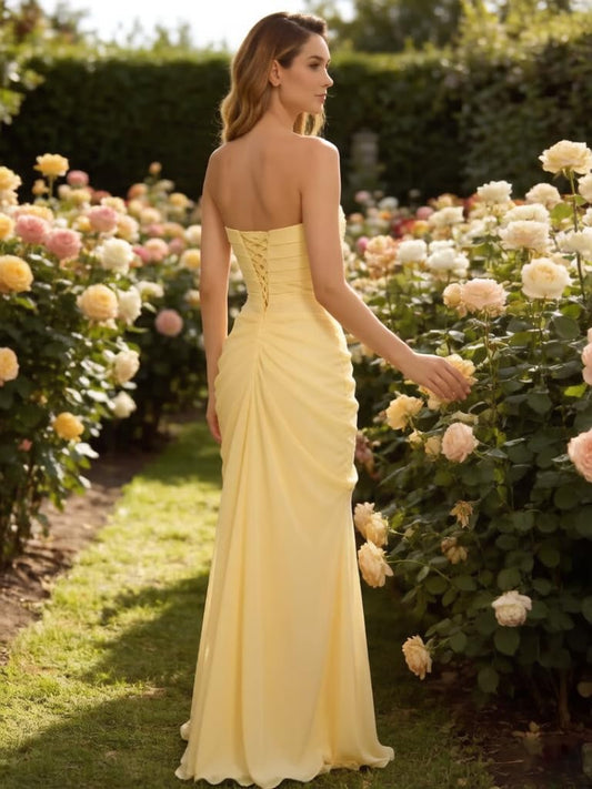 Strapless Pleated Ruched Chiffon Mermaid Dress