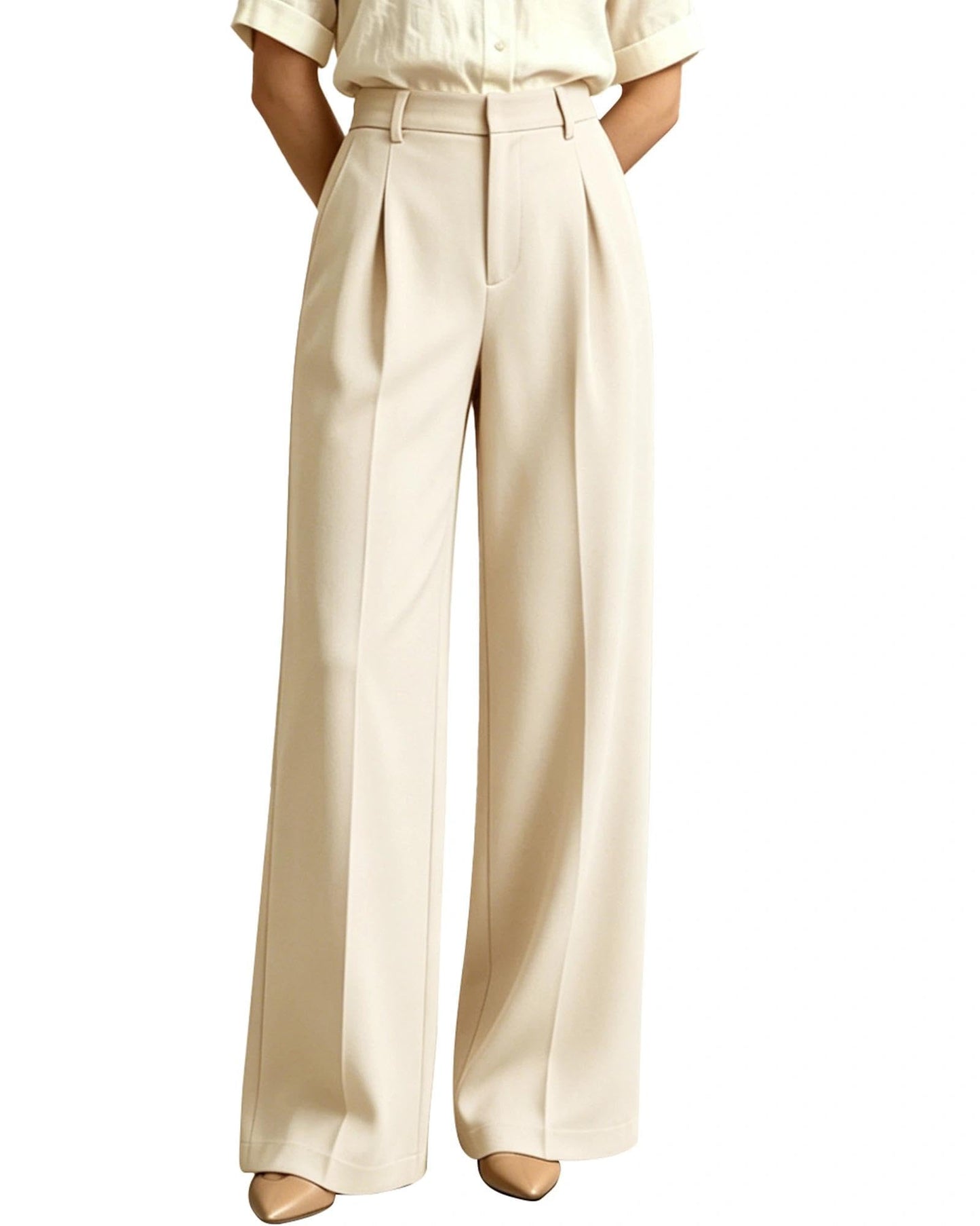 Women's High-Waisted Wide-Leg Work Trousers with Pockets
