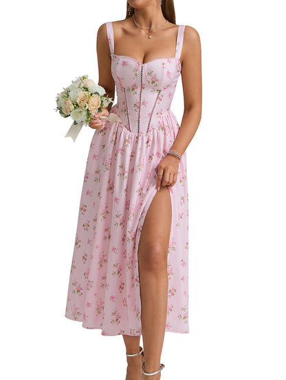 Women's Floral Corset Midi Dress with Slit and Pockets