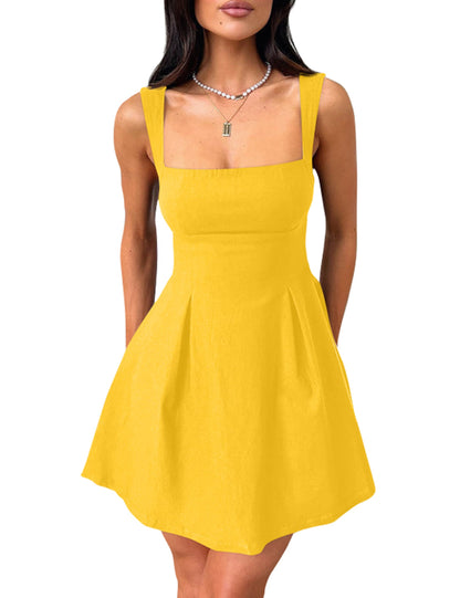 Women's Square Neck A-Line Mini Dress with Bow Tie Straps