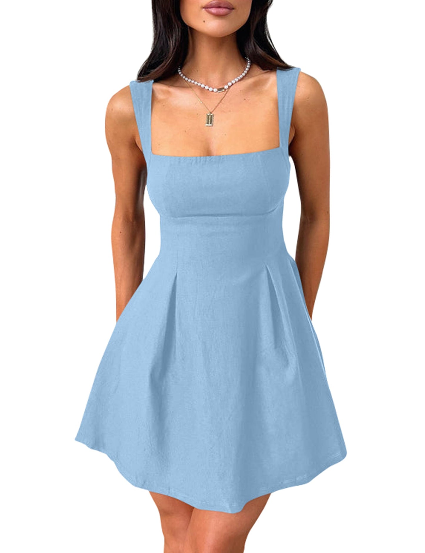 Women's Square Neck A-Line Mini Dress with Bow Tie Straps