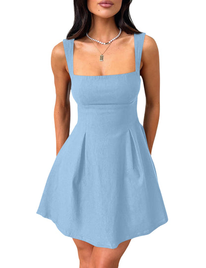 Women's Square Neck A-Line Mini Dress with Bow Tie Straps