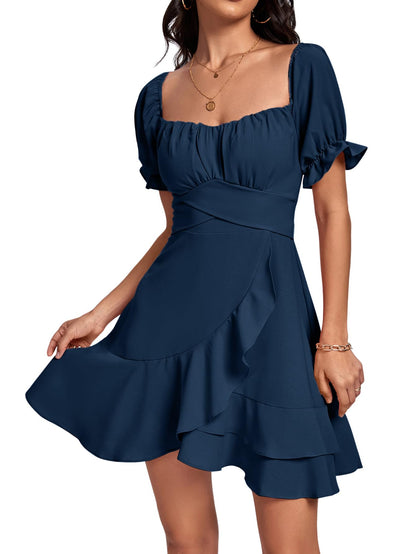 Square Neck Off-Shoulder Ruffle A-Line Mini Dress