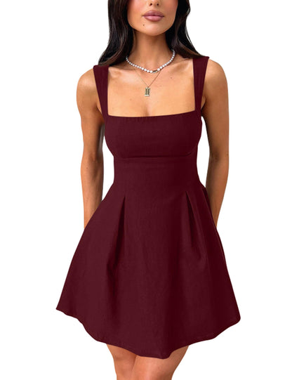 Women's Square Neck A-Line Mini Dress with Bow Tie Straps