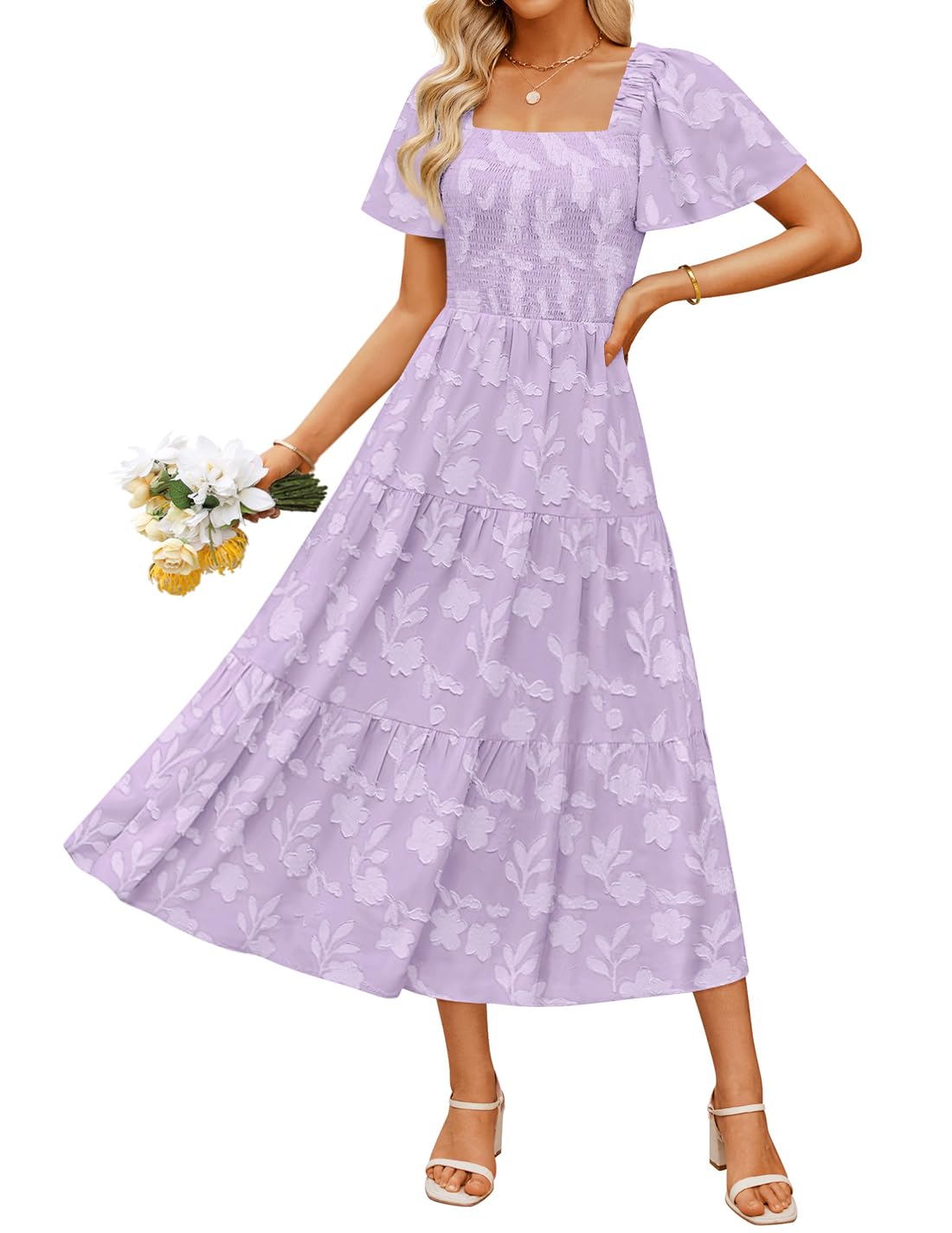 Women's Boho Floral Square Neck Midi Dress