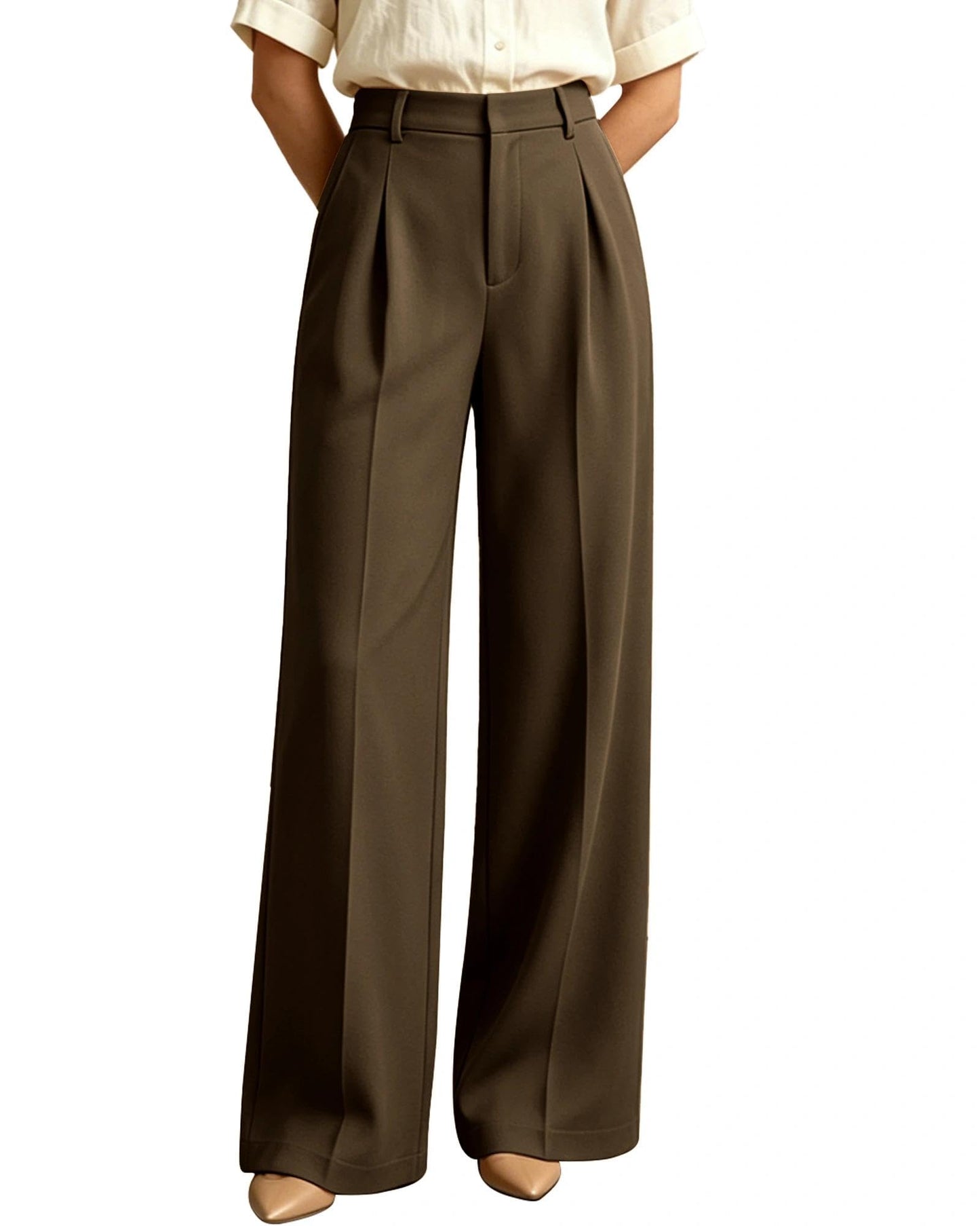 Women's High-Waisted Wide-Leg Work Trousers with Pockets