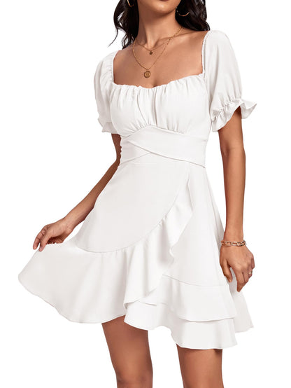 Square Neck Off-Shoulder Ruffle A-Line Mini Dress