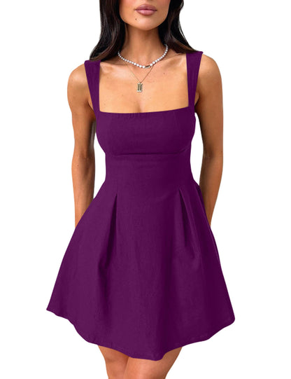 Women's Square Neck A-Line Mini Dress with Bow Tie Straps