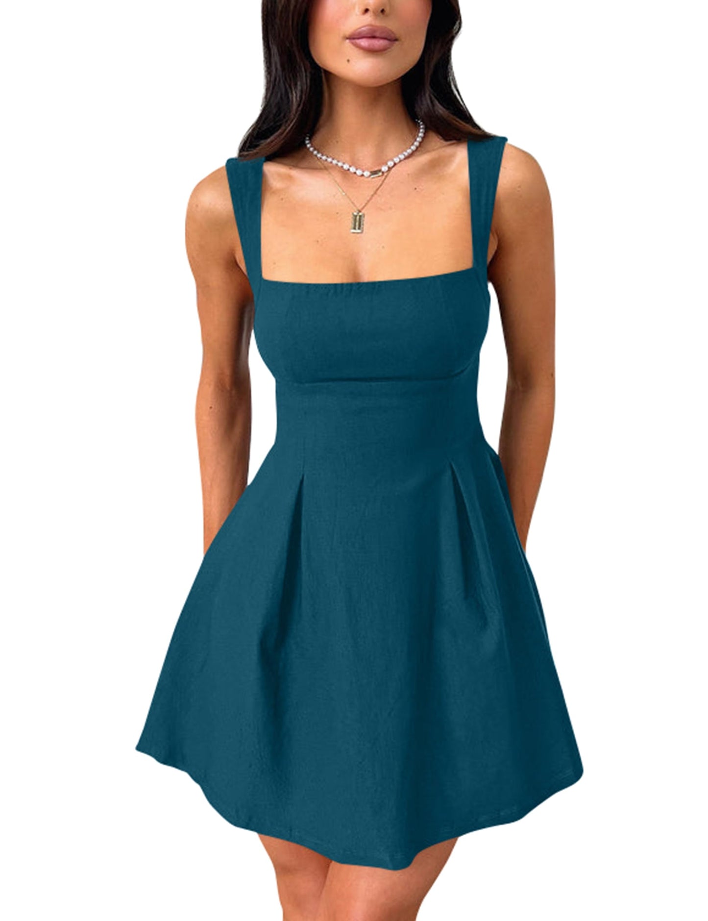 Women's Square Neck A-Line Mini Dress with Bow Tie Straps