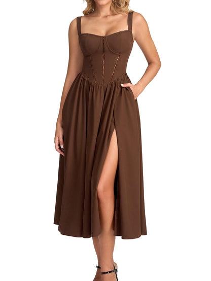 Women's Floral Corset Midi Dress with Slit and Pockets