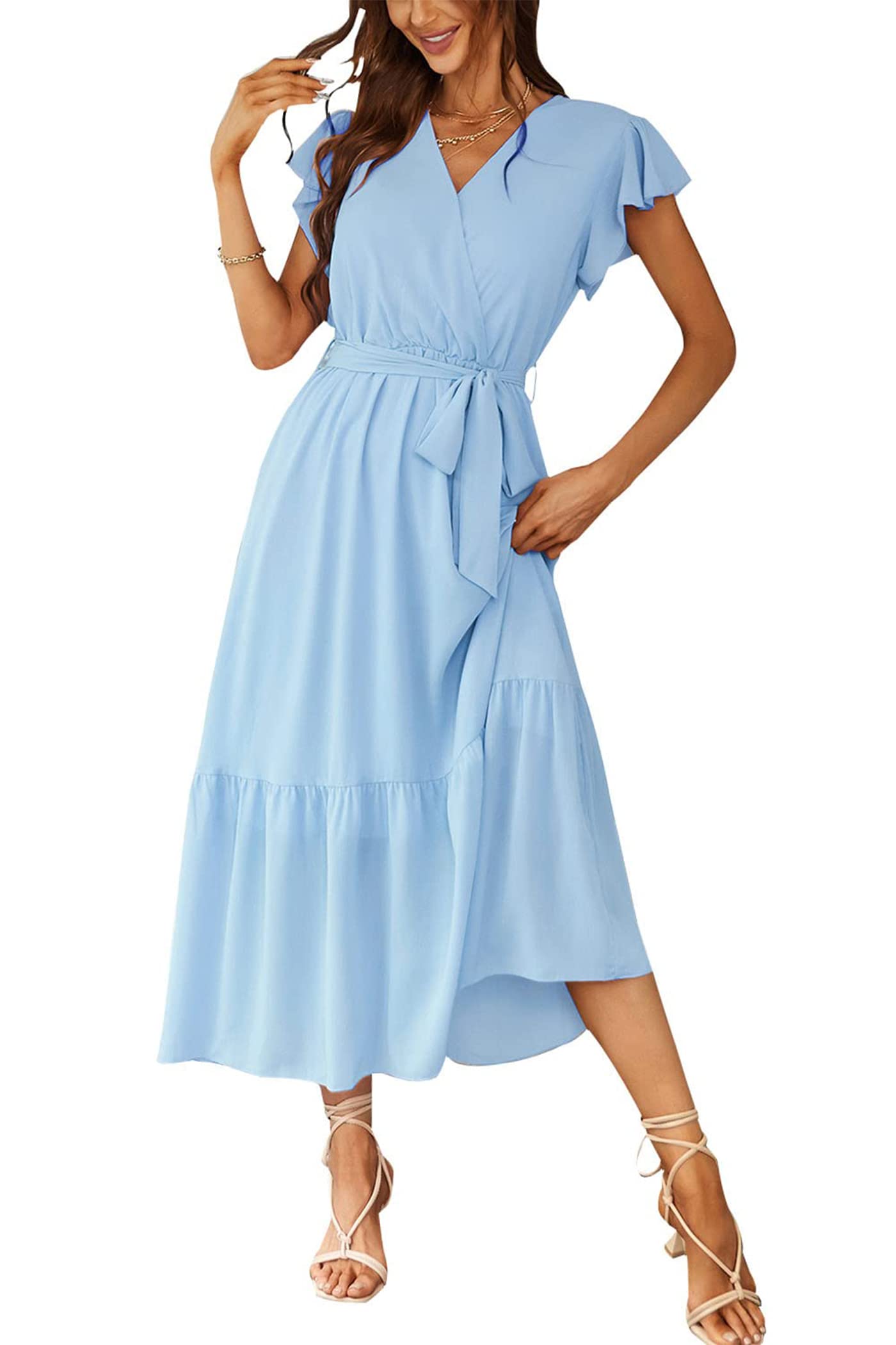 Women's Floral Wrap V-Neck Ruffle Boho Maxi Dress