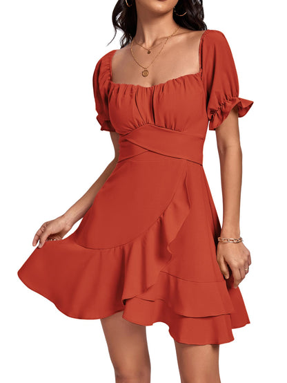 Square Neck Off-Shoulder Ruffle A-Line Mini Dress