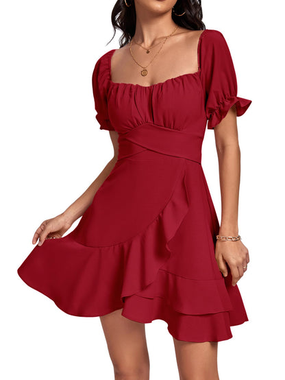 Square Neck Off-Shoulder Ruffle A-Line Mini Dress
