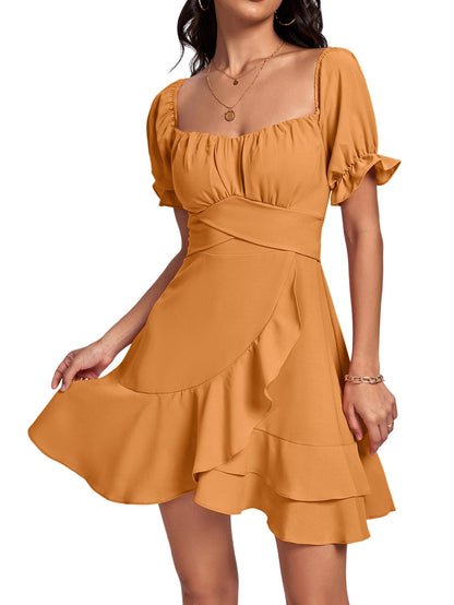 Square Neck Off-Shoulder Ruffle A-Line Mini Dress