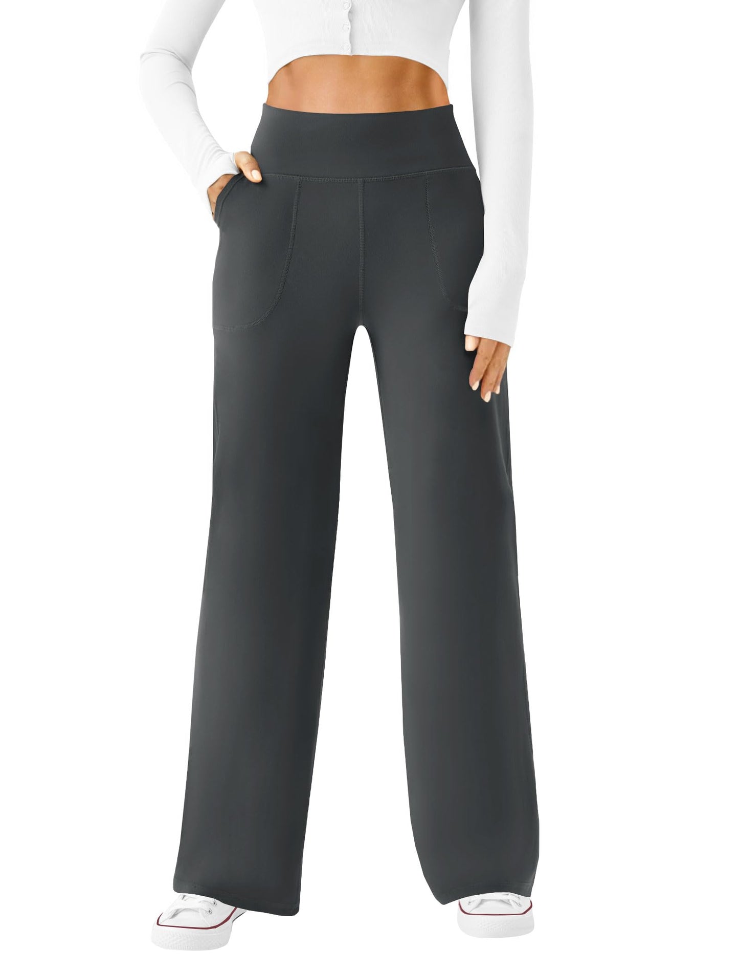 High-Waisted Wide Leg Casual Work Yoga Pants with Pockets