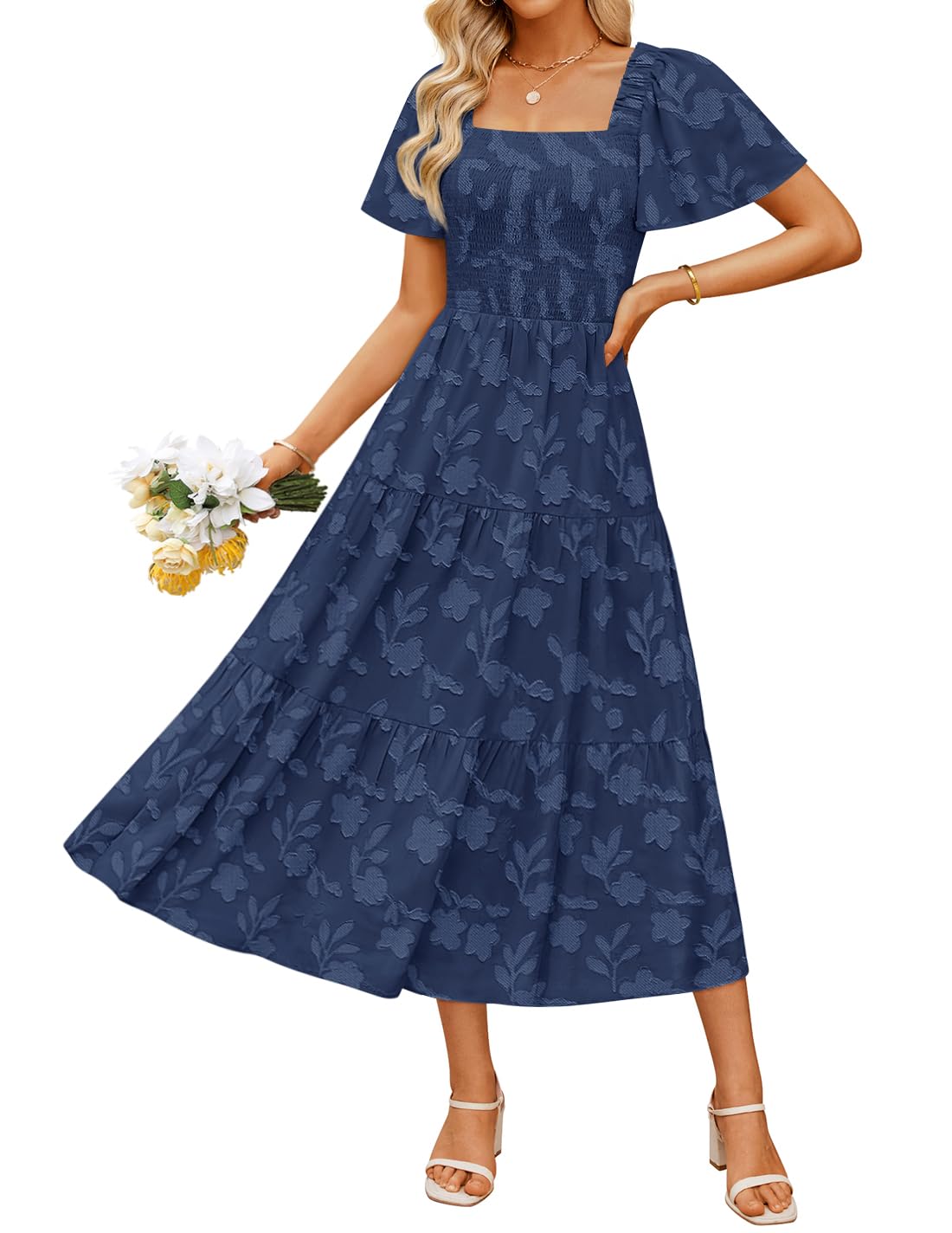 Women's Boho Floral Square Neck Midi Dress
