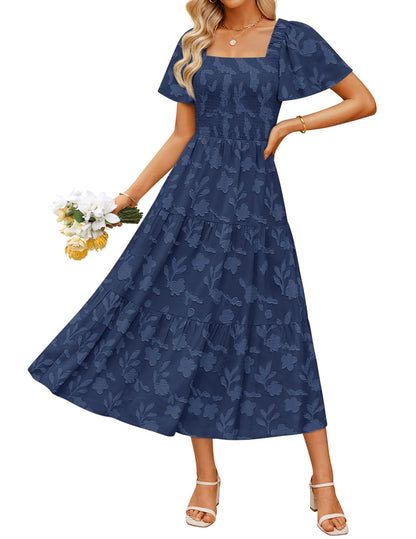 Women's Boho Floral Square Neck Midi Dress
