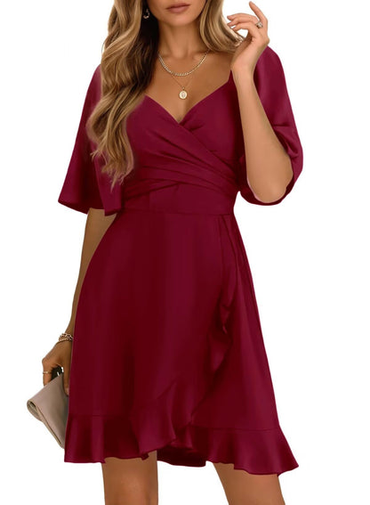 Wrap V-Neck Flared Sleeve Ruffle Hem Mini Dress