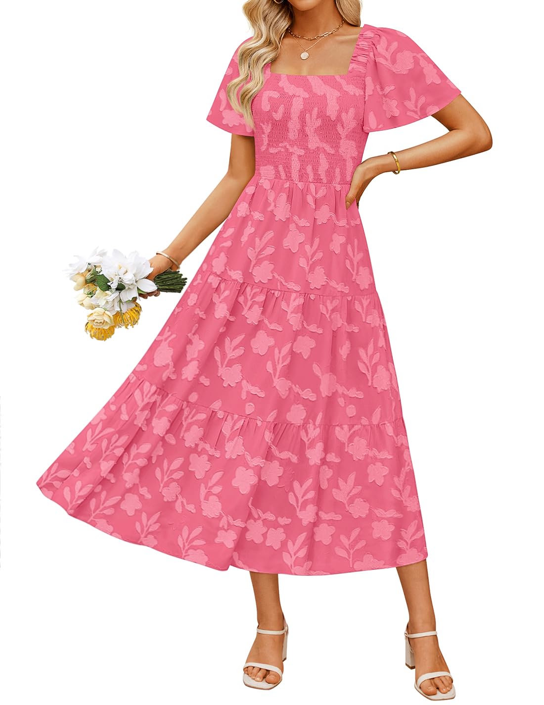 Women's Boho Floral Square Neck Midi Dress