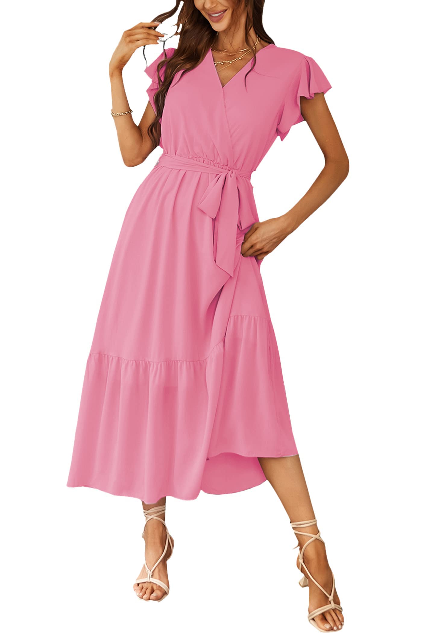 Women's Floral Wrap V-Neck Ruffle Boho Maxi Dress