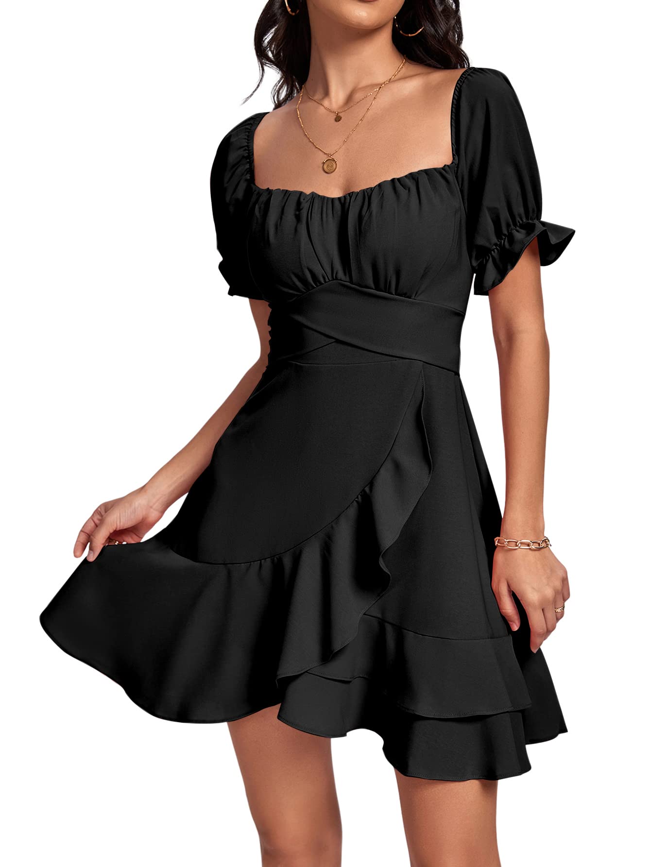 Square Neck Off-Shoulder Ruffle A-Line Mini Dress