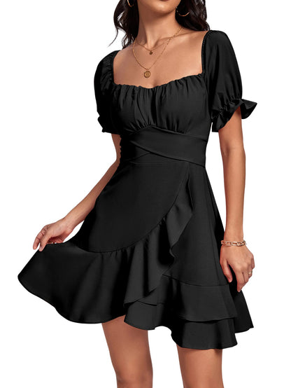 Square Neck Off-Shoulder Ruffle A-Line Mini Dress