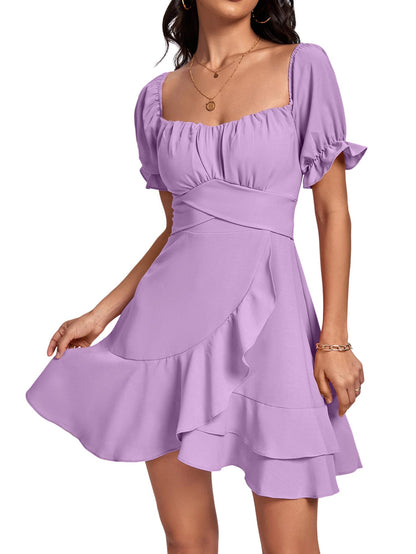 Square Neck Off-Shoulder Ruffle A-Line Mini Dress