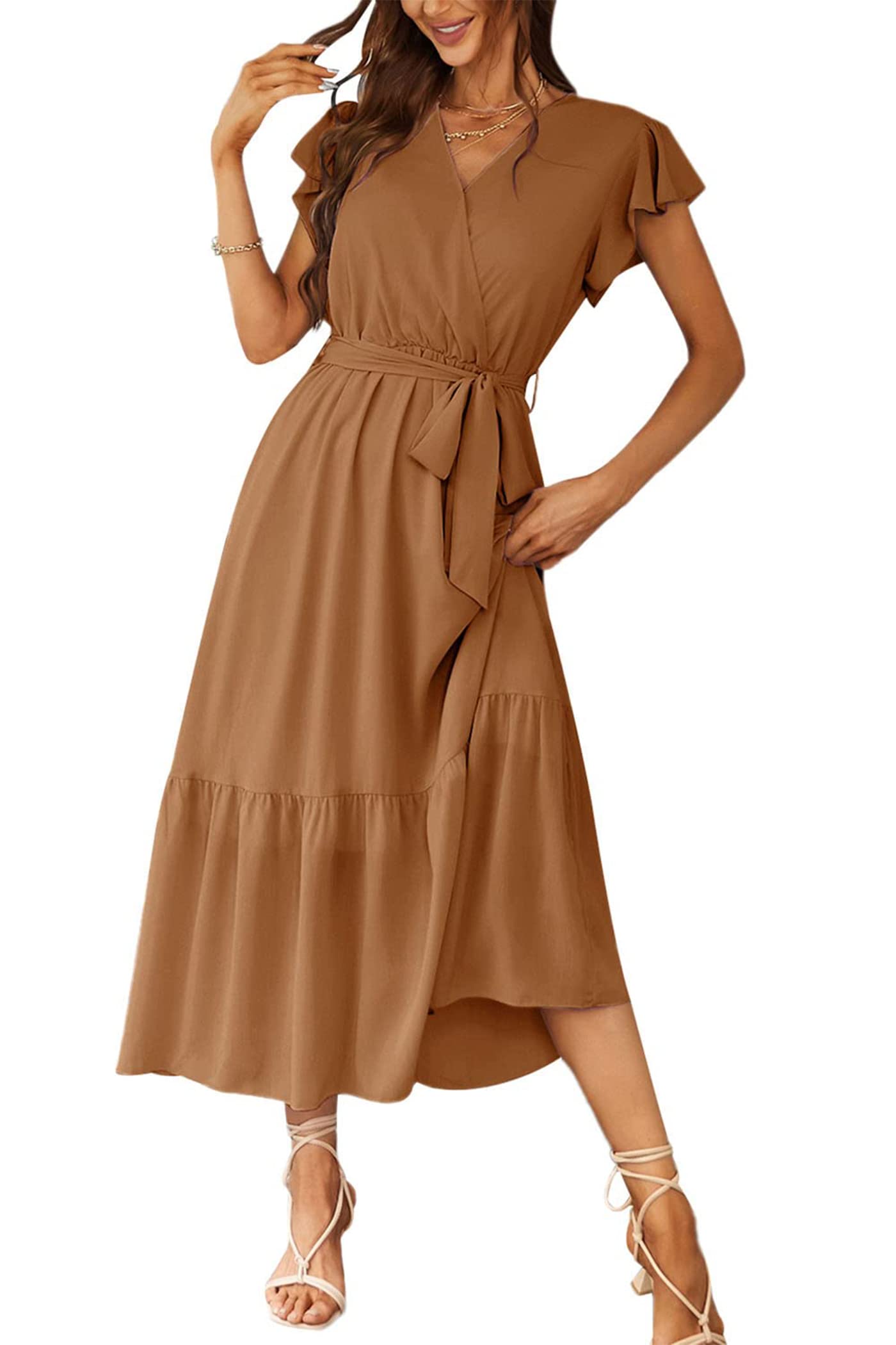 Women's Floral Wrap V-Neck Ruffle Boho Maxi Dress