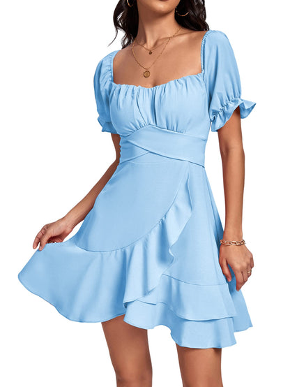 Square Neck Off-Shoulder Ruffle A-Line Mini Dress