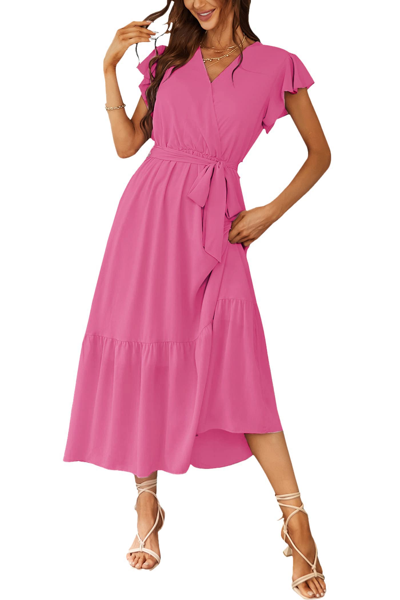 Women's Floral Wrap V-Neck Ruffle Boho Maxi Dress