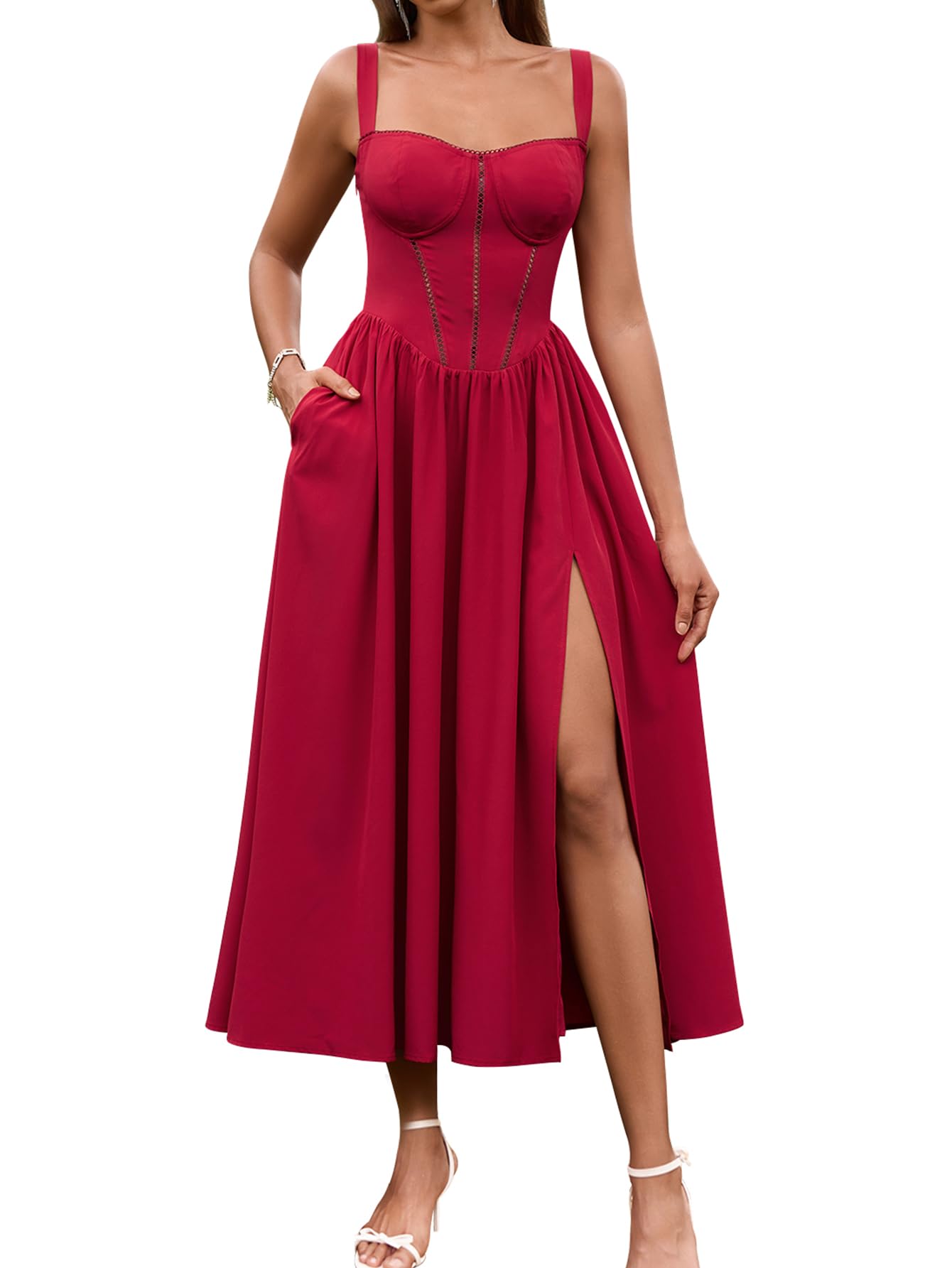 Women's Floral Corset Midi Dress with Slit and Pockets