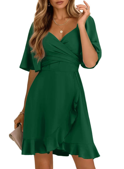 Wrap V-Neck Flared Sleeve Ruffle Hem Mini Dress