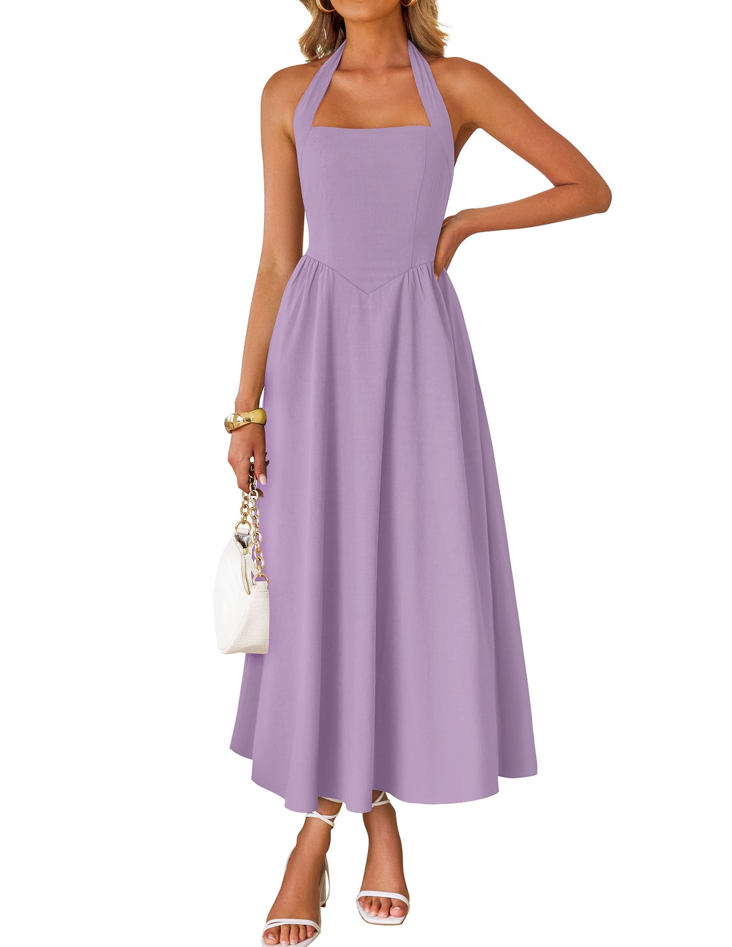 Women's Sleeveless Halter High Waist Flowy Midi Dress